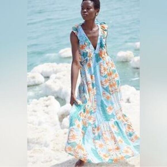 Beautiful! OLIPHANT Women's Large Maxi Dress V Neck Sleeveless Ruffles - Picture 2 of 11